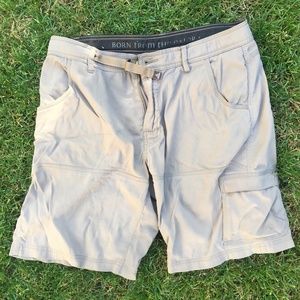 SOLD-Vintage Prana Gray-Brown Cargo Shorts Relaxed-fit Breathe 36Wx10L Built-in